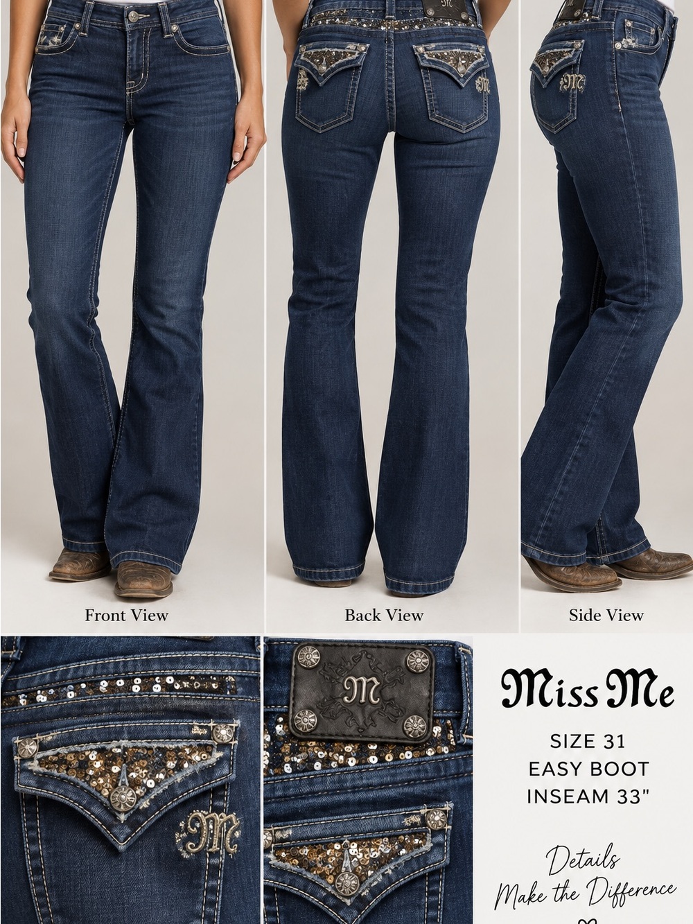 Miss Me Jeans Womens 31 Easy Boot Dark Wash Sequin Rhinestone Bootcut 33 Inseam